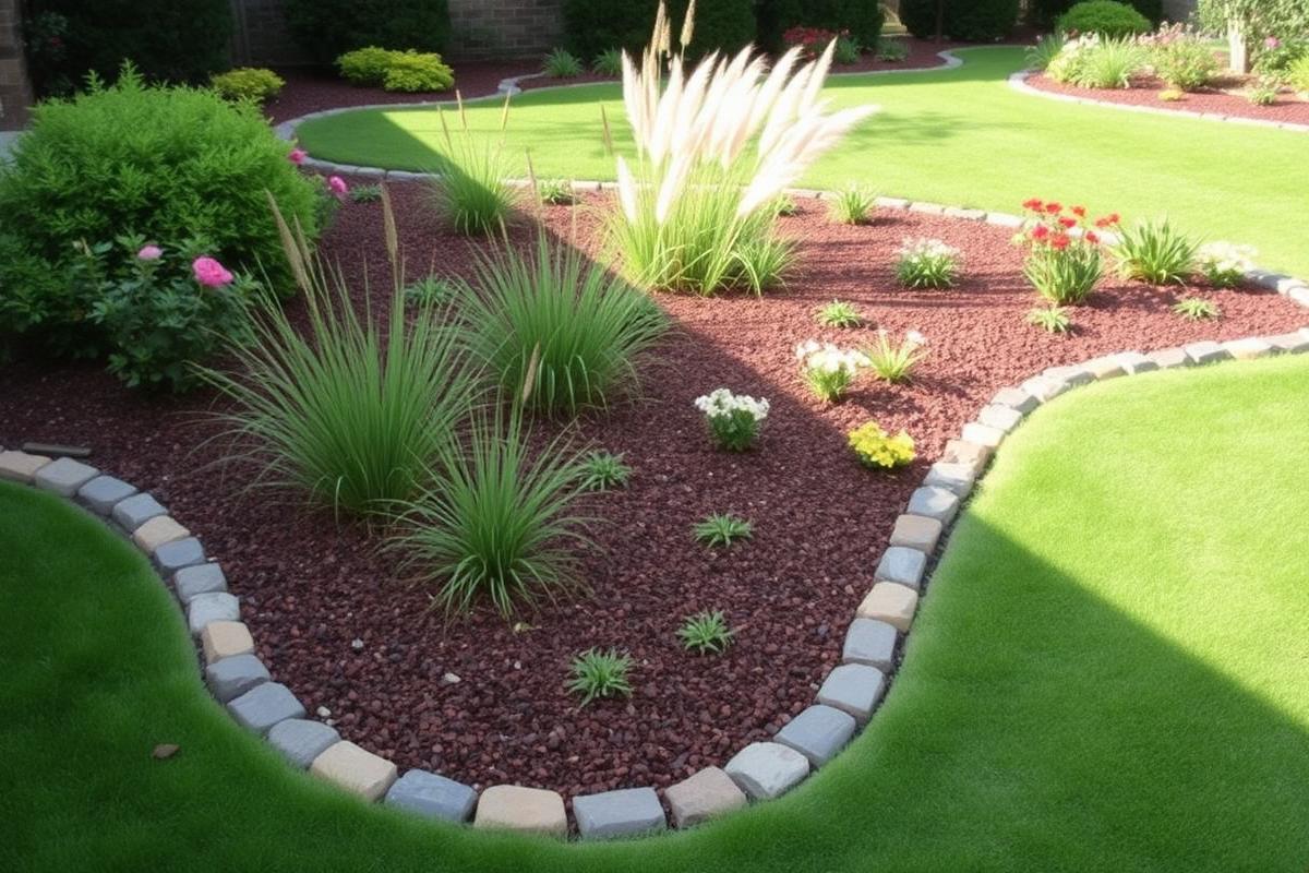 Curved perennial planting beds with mulch and stone edging in a residential landscape
