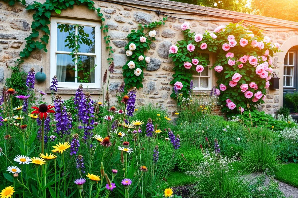 Newly installed cottage garden border with flowering perennials