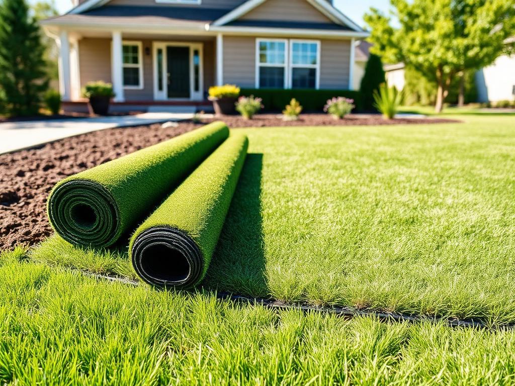 Rolls of fresh sod being installed over prepared soil in a front yard