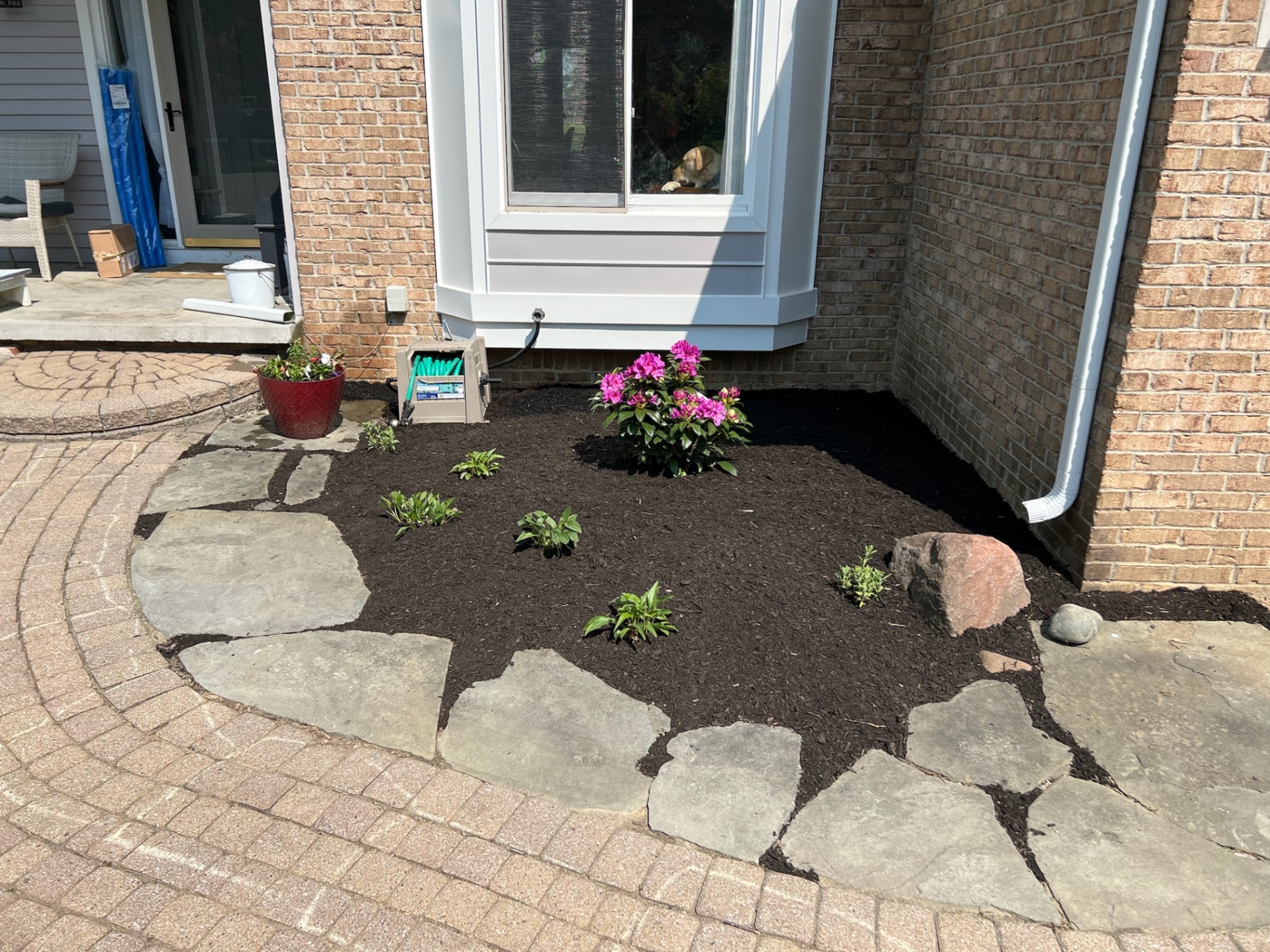 A newly planted entry garden finished with dark mulch, flagstone edging, and accent boulders.