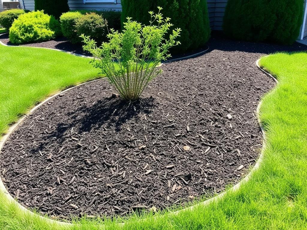 Freshly installed dark hardwood mulch bed with a clean hand-cut edge