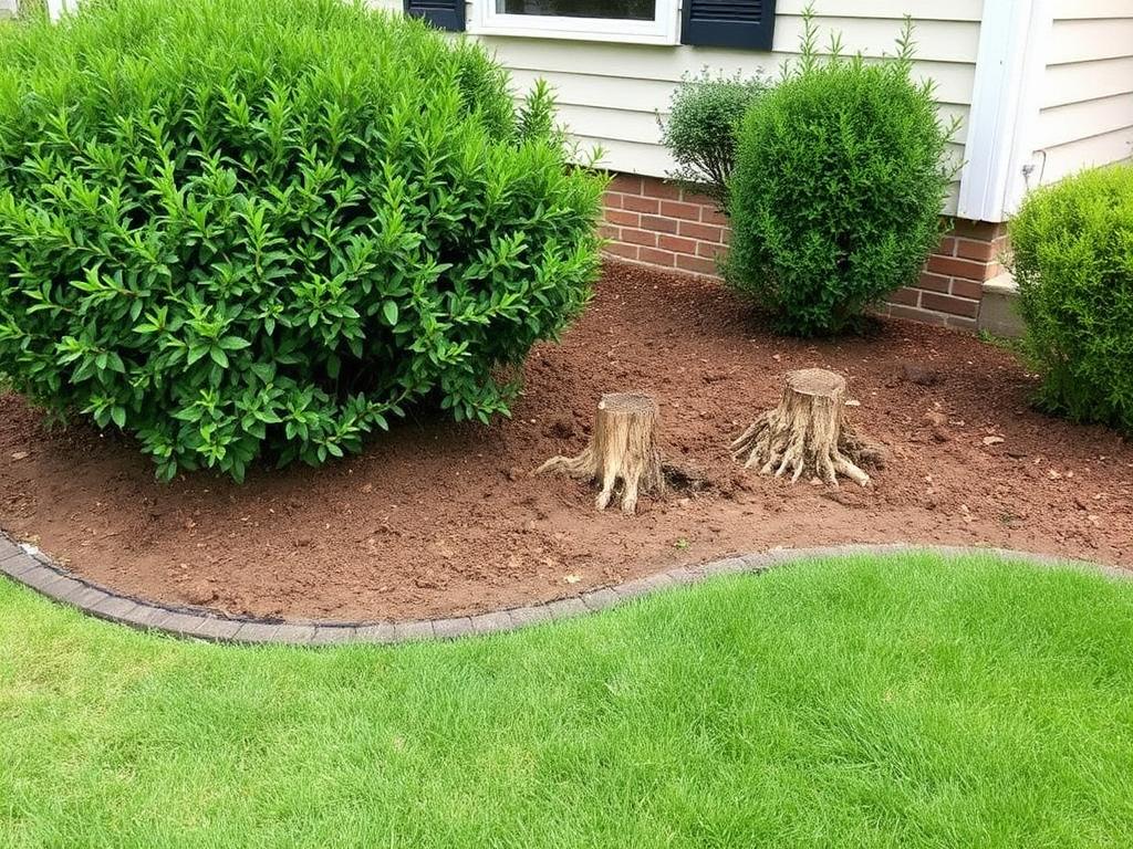 Overgrown shrubs removed from a foundation bed leaving cleared soil