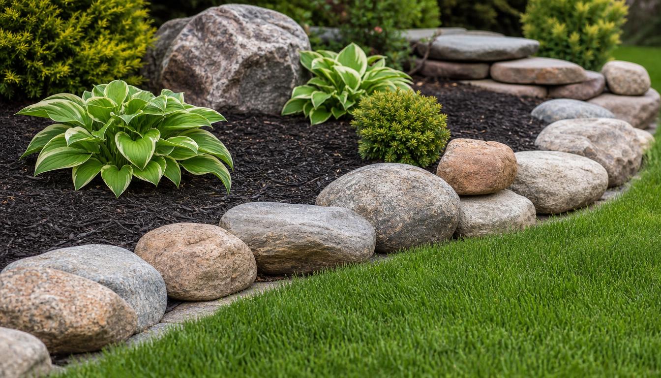 Rounded natural cobblestone and boulder edging along a dark mulch garden bed beside a green lawn