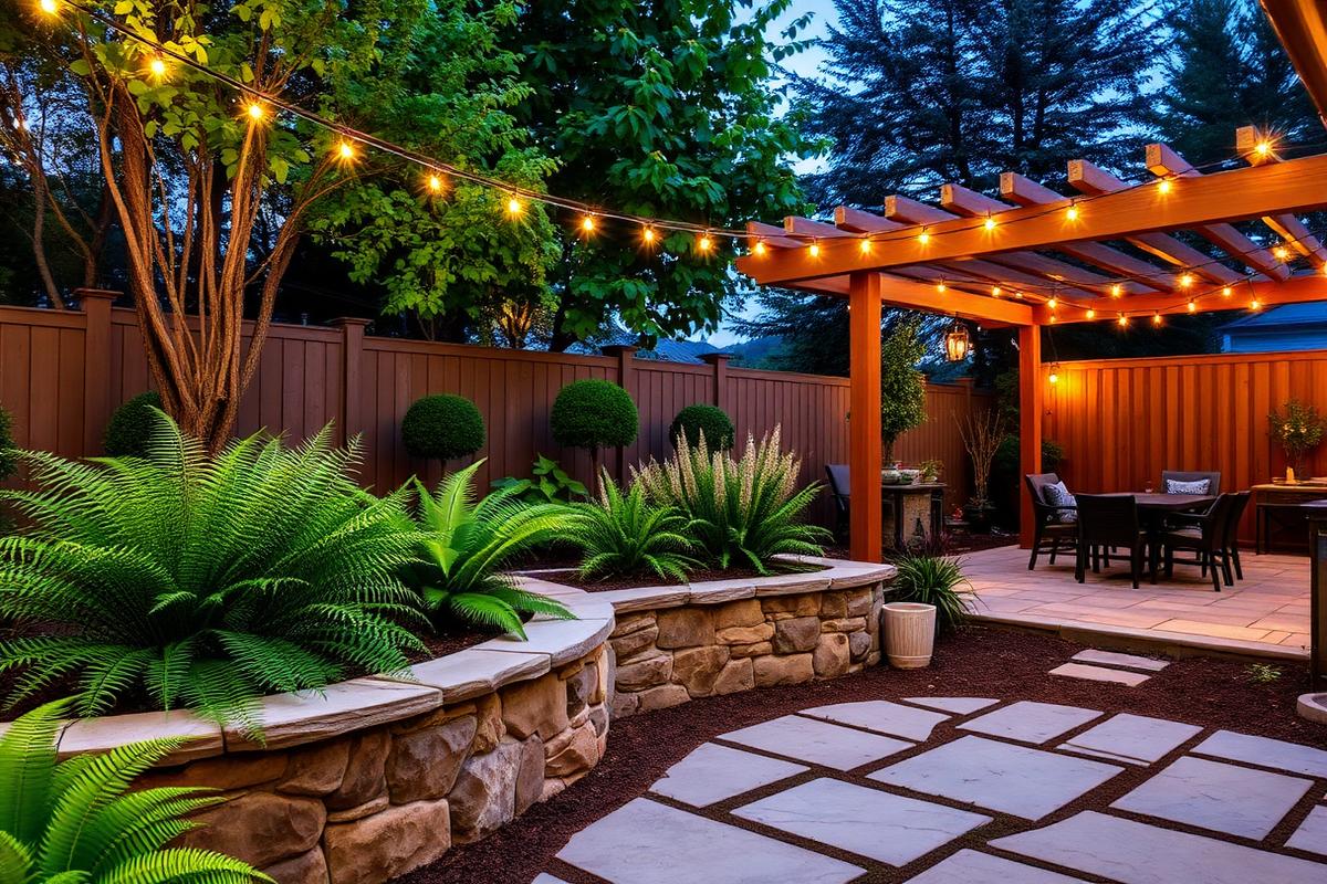 Established backyard lawn bordered by planting beds